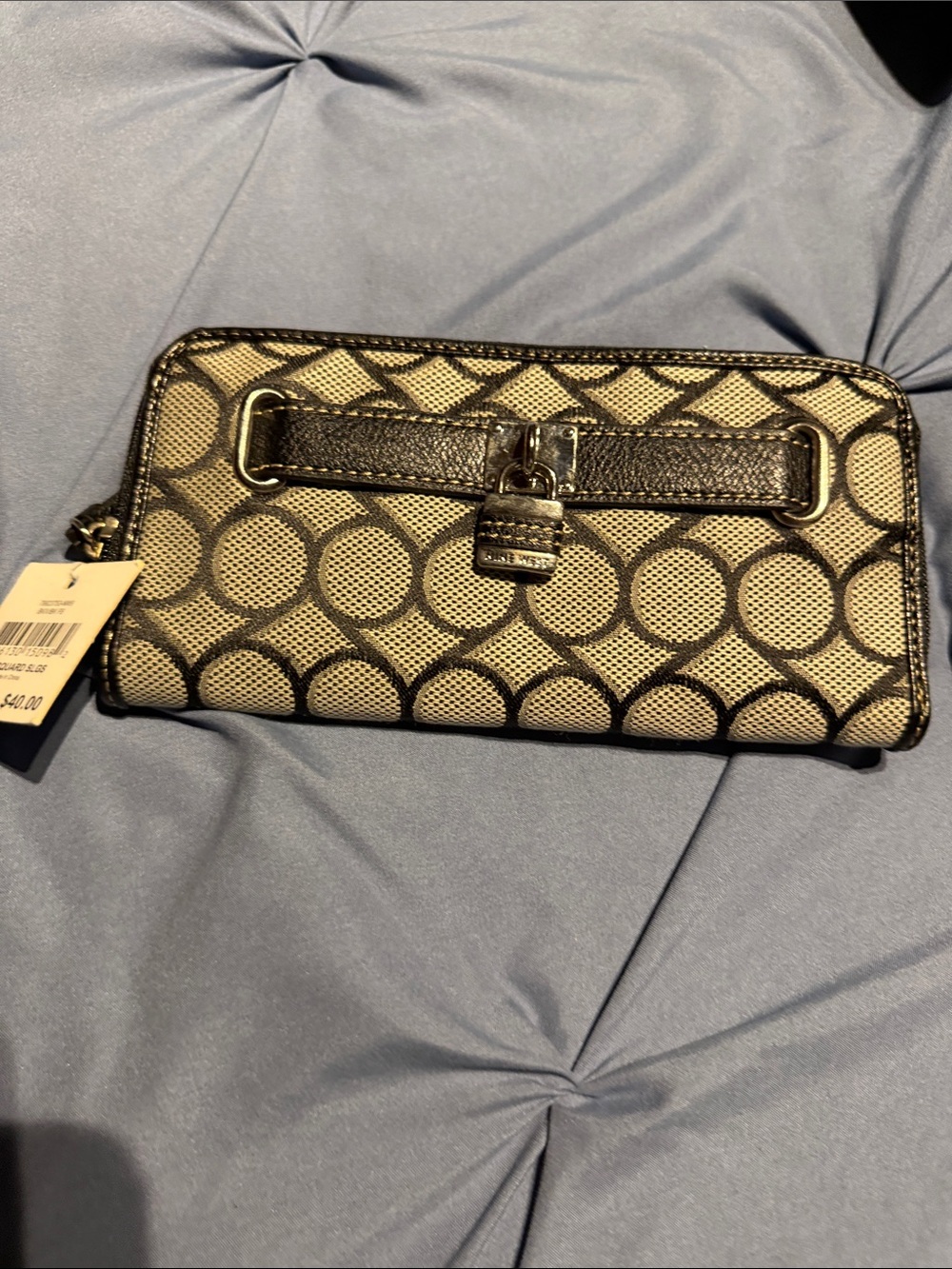 Coach Black and Cream Signature Zip Wallet with Turn-Lock Accent